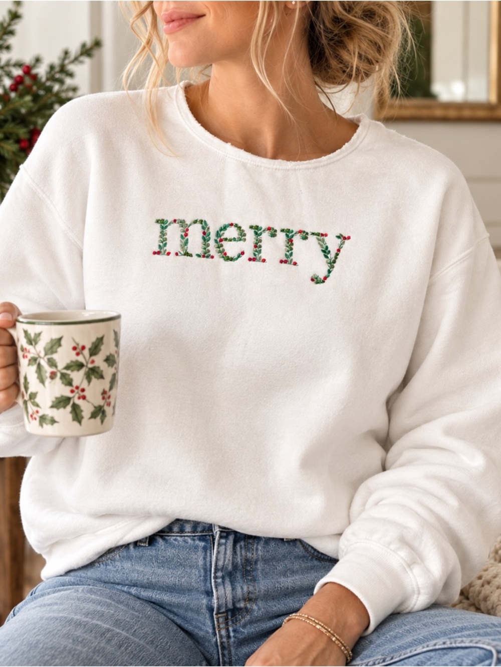 Merry Embroidered Christmas Sweatshirt White Holly Berry Holiday Women’s Medium